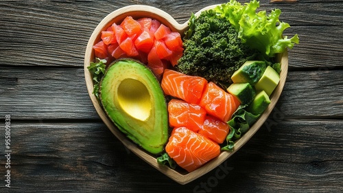 Assorted heart-healthy foods in a heart-shaped bowl, including avocado, salmon, and leafy greens, Heart health nutrition, wellness food