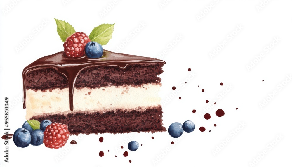 Delicious chocolate cake slice topped with fresh berries and chocolate drizzle, perfect for dessert lovers and food enthusiasts. Delicious chocolate cake slice topped with fresh berries and chocolate drizzle, perfect for dessert lovers and food enthusiasts.