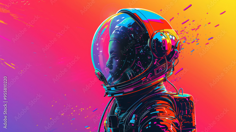 Fototapeta premium 3D astronaut vibrant gradient neon lights illustration in futuristic cyberpunk style colorful fashion yellow red to purple background