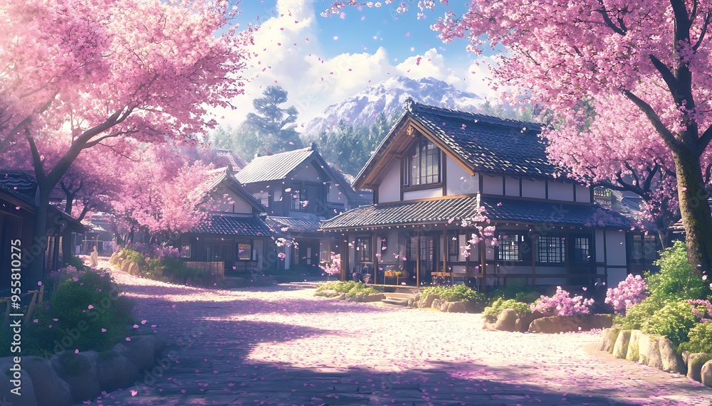 Serene Anime-Style Neighborhood with Traditional Japanese Houses and Cherry Blossom Trees Serene Anime-Style Neighborhood with Traditional Japanese Houses and Cherry Blossom Trees
