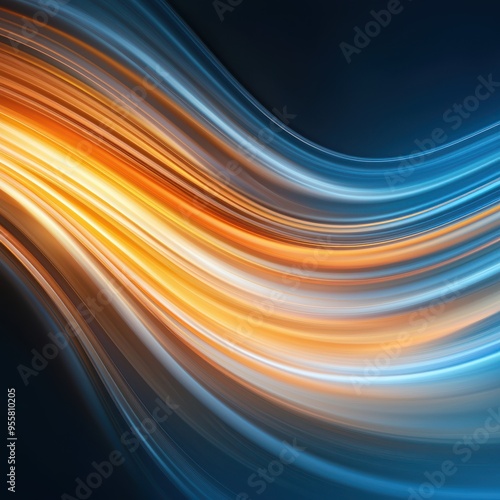 Dynamic light waves blend vibrant orange and blue colors on a dark background, creating a captivating visual effect.