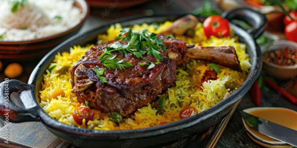 Slow Roasted Lamb Meat with Saffron Rice and Vegetables on Dinner Table Traditional Middle Eastern Cuisine including Haneeth Pilaf Mansaf Shanks and Kabsa Slow Roasted Lamb Meat with Saffron Rice and Vegetables on Dinner Table Traditional Middle Eastern Cuisine including Haneeth Pilaf Mansaf Shanks and Kabsa