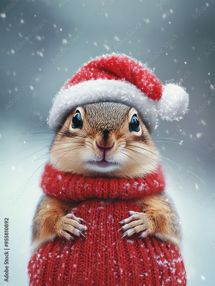 Chipmunk in snow with winter clothes like Santa Claus.. Christmas style hat and sweater. Funny animals in winter. Chipmunk in snow with winter clothes like Santa Claus.. Christmas style hat and sweater. Funny animals in winter.