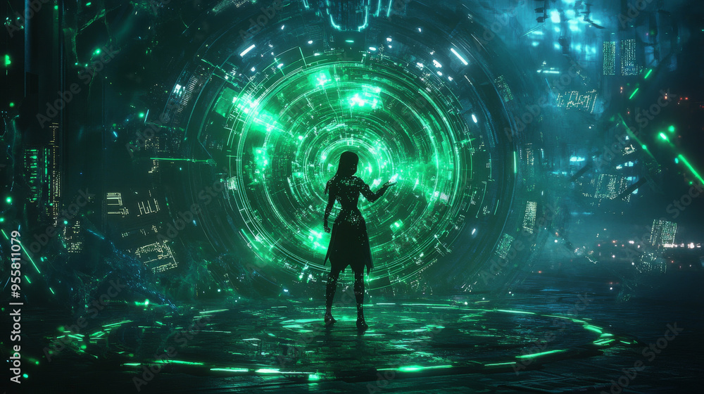 A futuristic witch with cybernetic enhancements stands before glowing green portal, surrounded by high tech environment. A futuristic witch with cybernetic enhancements stands before glowing green portal, surrounded by high tech environment.