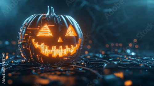 A glowing jack o lantern with cyberpunk twist, surrounded by dark, tech inspired environment, evokes sense of eerie excitement.
