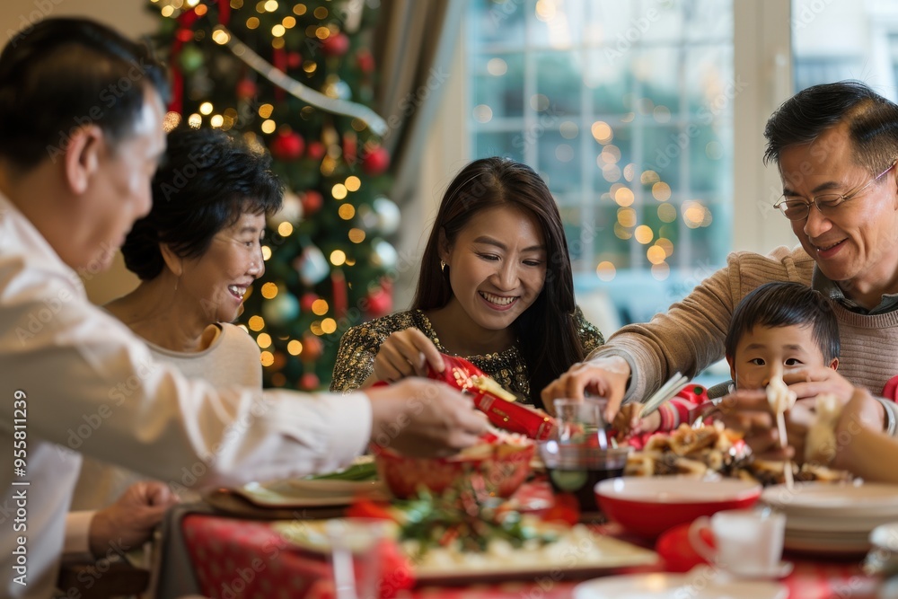A family is gathered around a table with a Christmas tree in the background, generative ai image A family is gathered around a table with a Christmas tree in the background, generative ai image