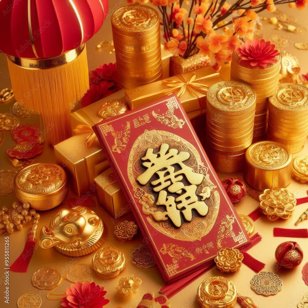 Gold Sycee and Red Packet Chinese New Year Decorations Representing Wealth and Prosperity Gold Sycee and Red Packet Chinese New Year Decorations Representing Wealth and Prosperity