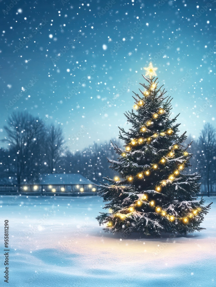 Christmas tree and christmas lights on abstract snowy landscape background, xmas background concept with advertising space Christmas tree and christmas lights on abstract snowy landscape background, xmas background concept with advertising space