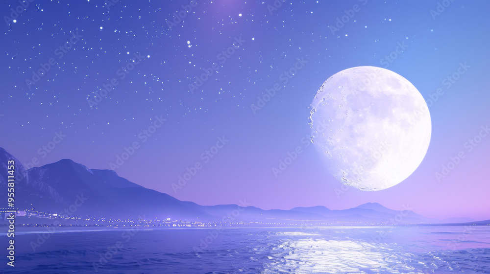 A 3D white moon on beautiful relaxing wave wide ocean and curved mountains gradient starry sky night cinematic design purple blue dreamy background A 3D white moon on beautiful relaxing wave wide ocean and curved mountains gradient starry sky night cinematic design purple blue dreamy background