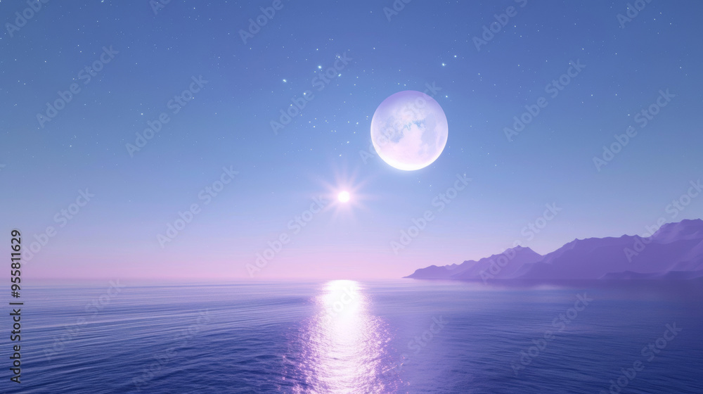 A 3D white moon on beautiful relaxing wave wide ocean and curved mountains gradient starry sky night cinematic design purple blue dreamy background A 3D white moon on beautiful relaxing wave wide ocean and curved mountains gradient starry sky night cinematic design purple blue dreamy background