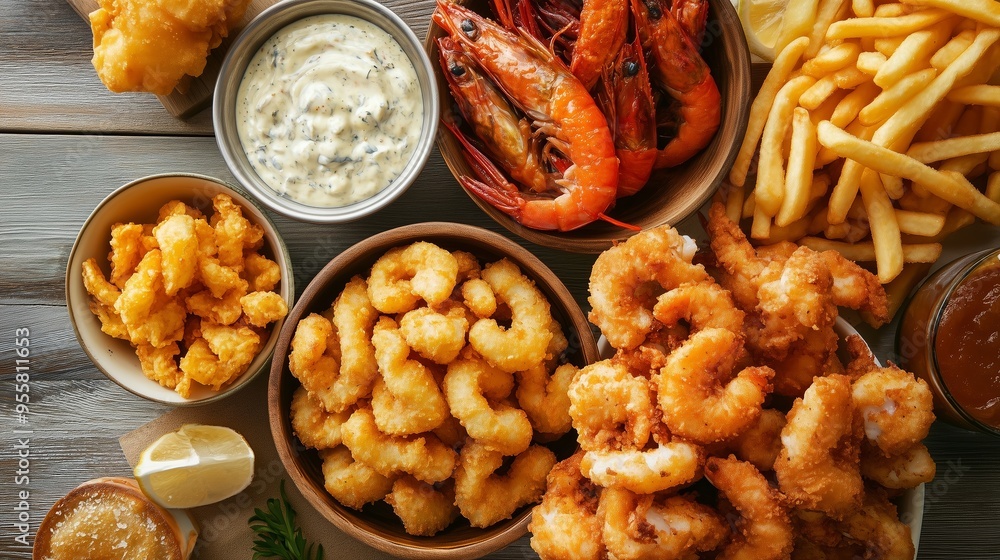 A delightful seafood platter featuring shrimp, crawfish, fries, and dipping sauces served on a wooden table A delightful seafood platter featuring shrimp, crawfish, fries, and dipping sauces served on a wooden table