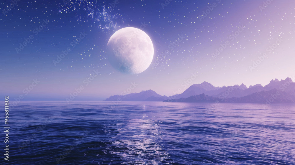 A 3D white moon on beautiful relaxing wave wide ocean and curved mountains gradient starry sky night cinematic design purple blue dreamy background A 3D white moon on beautiful relaxing wave wide ocean and curved mountains gradient starry sky night cinematic design purple blue dreamy background