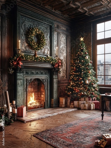 Wallpaper Mural Ein wunderschÃ¶ner Raum mit einem Kamin und Weihnachtsdeko Torontodigital.ca