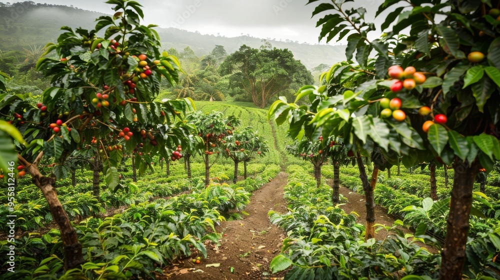 Coffee trees on plantation. The best selected coffee beans are still fresh and ready to be harvested. Coffee trees on plantation. The best selected coffee beans are still fresh and ready to be harvested.