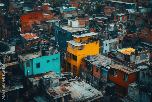 Wealthy villas overlook dilapidated shanties, highlighting stark social inequality and contrasting living conditions in the city. Generative AI