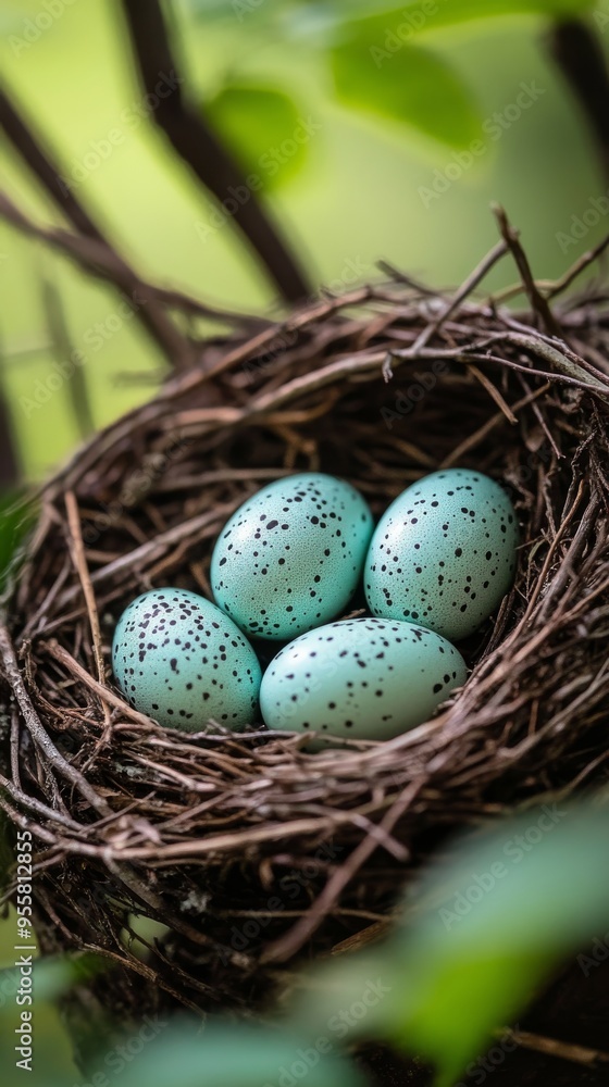 Close-up of a nest with eggs in rich detail for a fascinating experience. Bird eggs in a well-assembled nest in a natural scene of their habitat. Close-up of a nest with eggs in rich detail for a fascinating experience. Bird eggs in a well-assembled nest in a natural scene of their habitat.