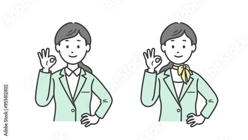 OKポーズをして腰に手を当てる女性ビジネスマンの上半身イラスト
