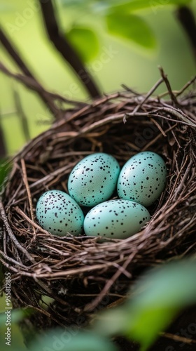 Close-up of a nest with eggs in rich detail for a fascinating experience. Bird eggs in a well-assembled nest in a natural scene of their habitat.