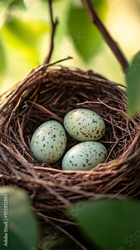 Close-up of a nest with eggs in rich detail for a fascinating experience. Bird eggs in a well-assembled nest in a natural scene of their habitat.