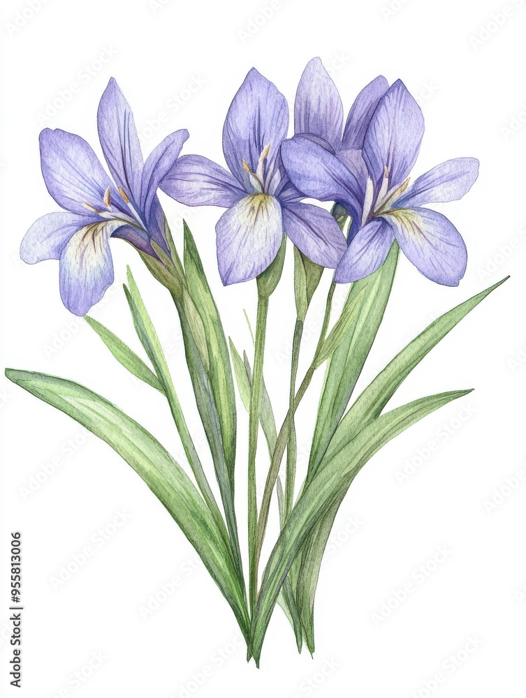 A beautiful illustration of purple iris flowers with vibrant petals and green leaves, perfect for nature-themed designs. A beautiful illustration of purple iris flowers with vibrant petals and green leaves, perfect for nature-themed designs.
