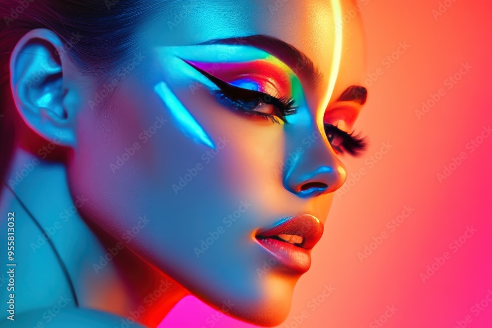 A woman with colorful makeup on her face is standing in front of a neon light, generative ai image A woman with colorful makeup on her face is standing in front of a neon light, generative ai image