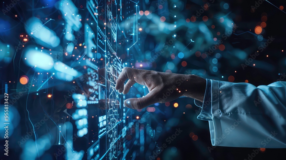 A hand reaches out to touch a glowing futuristic interface, surrounded by abstract lines and bokeh lights. A hand reaches out to touch a glowing futuristic interface, surrounded by abstract lines and bokeh lights.