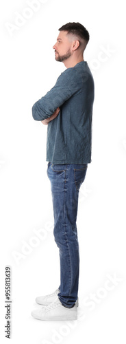 Man standing in queue on white background