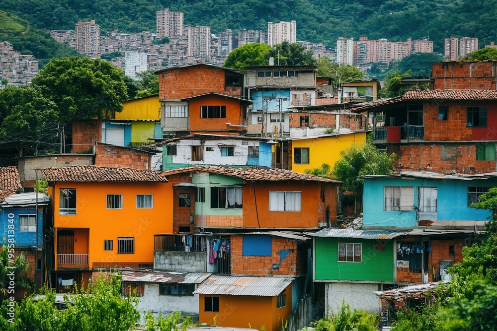 Fototapeta premium A vibrant contrast showcases luxury villas adjacent to decaying shanties, revealing deep social inequality in the urban environment. Generative AI