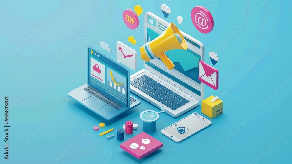 Obraz premium Online sales concept of digital marketing, ad, product ads, promotion of products or services through digital tools. Online advertising concept Internet advertising digital marketing Social media