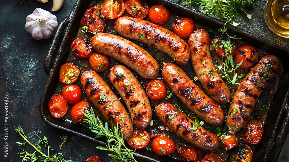 Close-up of grilled sausages and cherry tomatoes in a baking tray. Close-up of grilled sausages and cherry tomatoes in a baking tray.