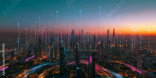 Smart city, big data connection technology concept. AI generative.