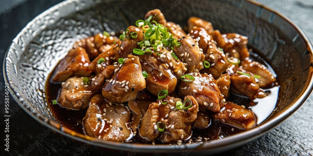 Chicken cooked in teriyaki sauce in a bowl Chicken cooked in teriyaki sauce in a bowl