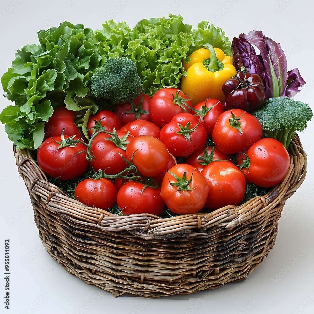 A wicker basket filled with ripe red tomatoes, green lettuce, yellow bell pepper, and broccoli isolated on white A wicker basket filled with ripe red tomatoes, green lettuce, yellow bell pepper, and broccoli isolated on white