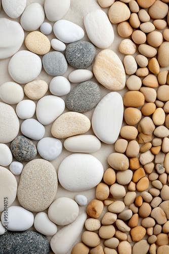 An assortment of smooth pebbles in various colors, perfect for decorative purposes or natural landscaping.