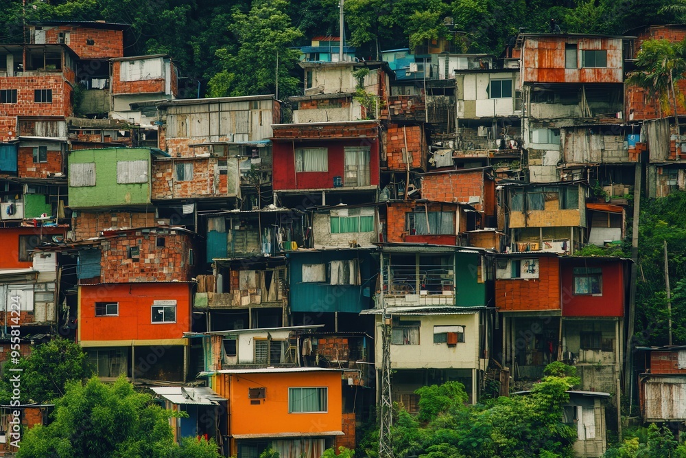 Luxurious villas stand next to dilapidated shanties, showcasing stark contrasts in wealth and living conditions in the city. Generative AI Luxurious villas stand next to dilapidated shanties, showcasing stark contrasts in wealth and living conditions in the city. Generative AI