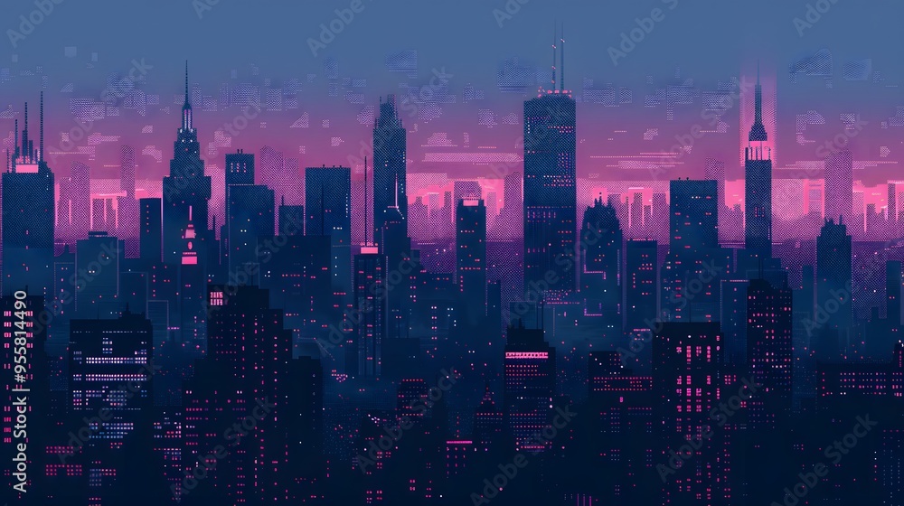 Fototapeta premium A Futuristic Cityscape at Dusk with Pink and Blue Lights