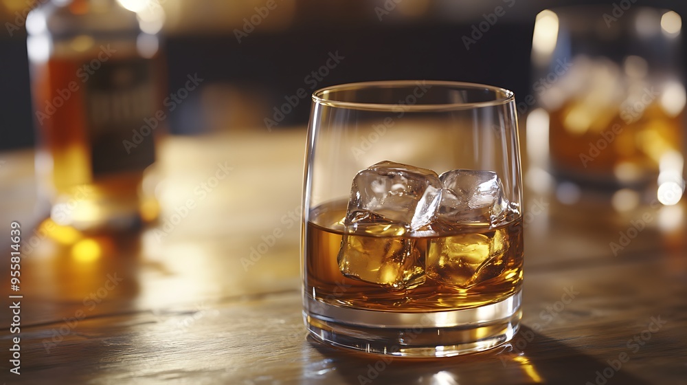 Glass of whiskey with ice cubes on wooden bar counter. Glass of whiskey with ice cubes on wooden bar counter.