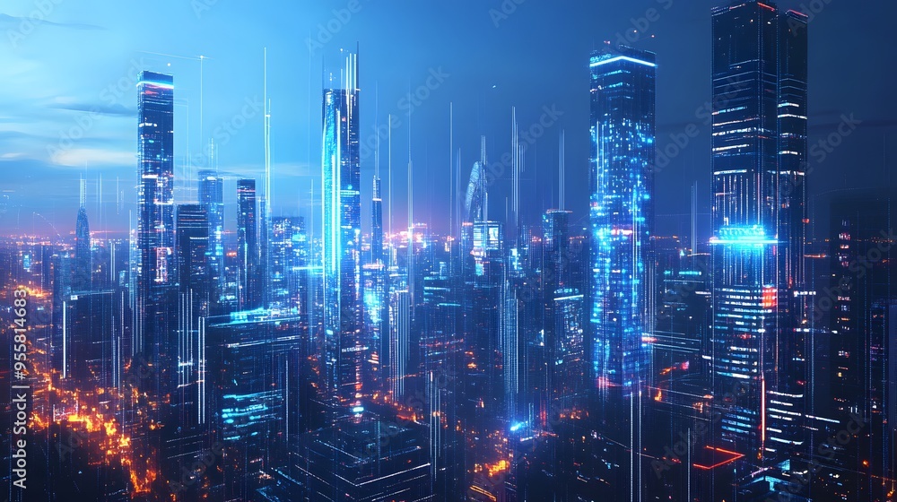 Fototapeta premium Futuristic Cityscape with Neon Lights and Digital Data Streams