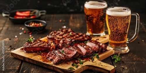 Two chilled tulip glasses of beer with grilled slices of cap rump steak on a wooden cutting board Brazilian picanha photo