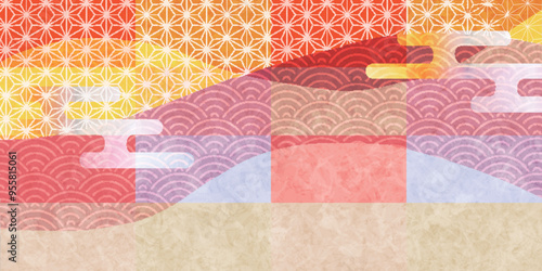 水彩　オレンジ　和紙　背景	