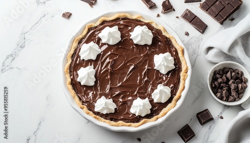 Chocolate cream pie tart cake with whipped cream flat lay copy space background
