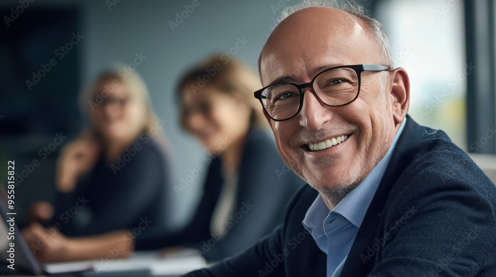 Smiling Businessman in a Meeting with Colleagues Smiling Businessman in a Meeting with Colleagues