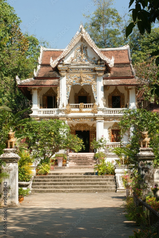 Traditional Thai Temple Architecture with Golden Ornamentation and Stone Steps