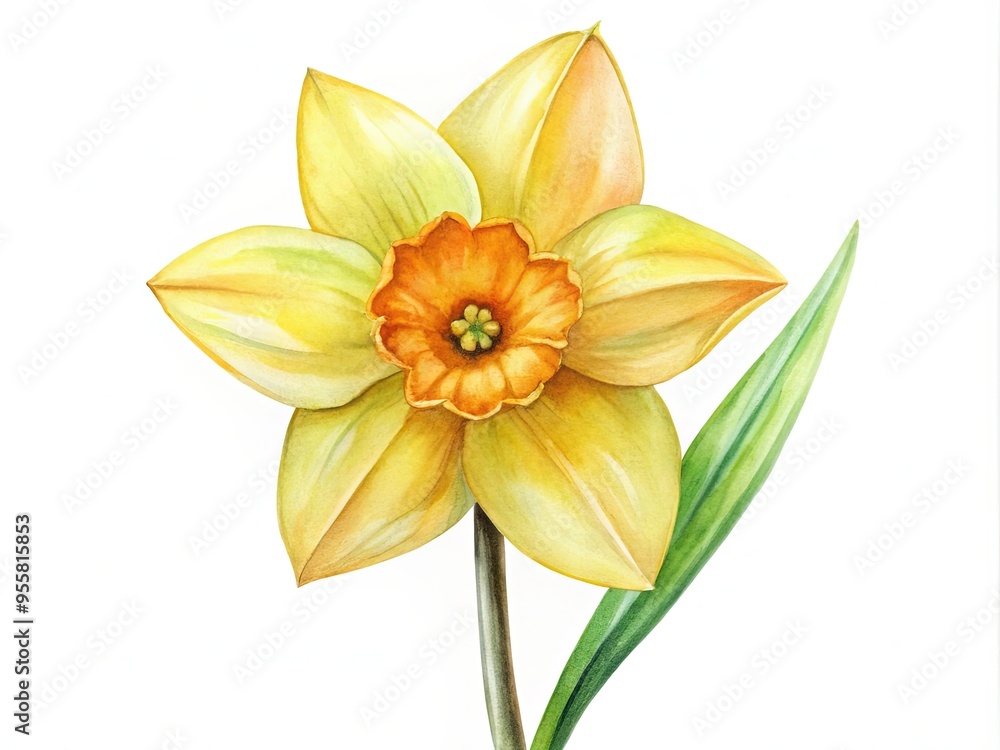 A delicate watercolor painting of a single daffodil flower, surrounded by subtle brushstrokes and a soft background, infused with a touch of clipart whimsy. A delicate watercolor painting of a single daffodil flower, surrounded by subtle brushstrokes and a soft background, infused with a touch of clipart whimsy.