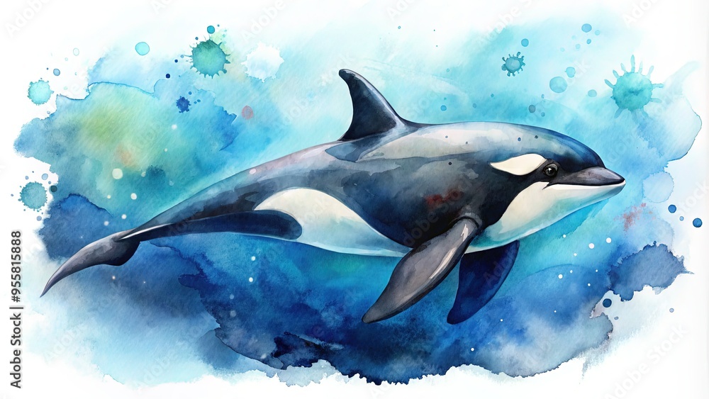A gentle behemoth emerges from swirling watercolors, its sleek orca form blending harmoniously with the soft blue hues of the ocean depths. A gentle behemoth emerges from swirling watercolors, its sleek orca form blending harmoniously with the soft blue hues of the ocean depths.