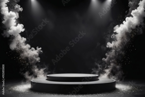 Illuminated dark stage with spotlight, casting a dramatic  shadow on the empty wall photo