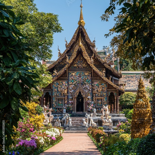 Ornate Golden Temple with Stone Pathway and Flower Gardens