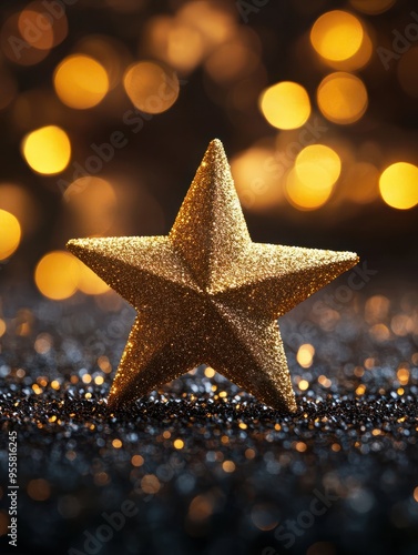 Golden christmas star on bokeh black background. Xmas card with gold star shining discretely on a dark wall setting. Seasonal greetings, invitation, festivity. Luxury. photo