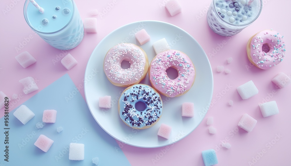 Donut and sugar cube sweet snack for party time on white plate flat lay background Donut and sugar cube sweet snack for party time on white plate flat lay background