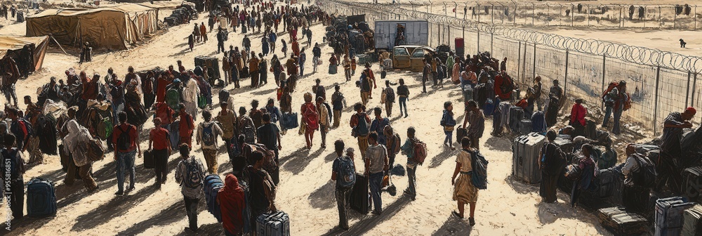 Obraz premium Groups of people with backpacks and suitcases gather at a crowded border camp, reflecting hope amid hardship in their search for safety. Generative AI
